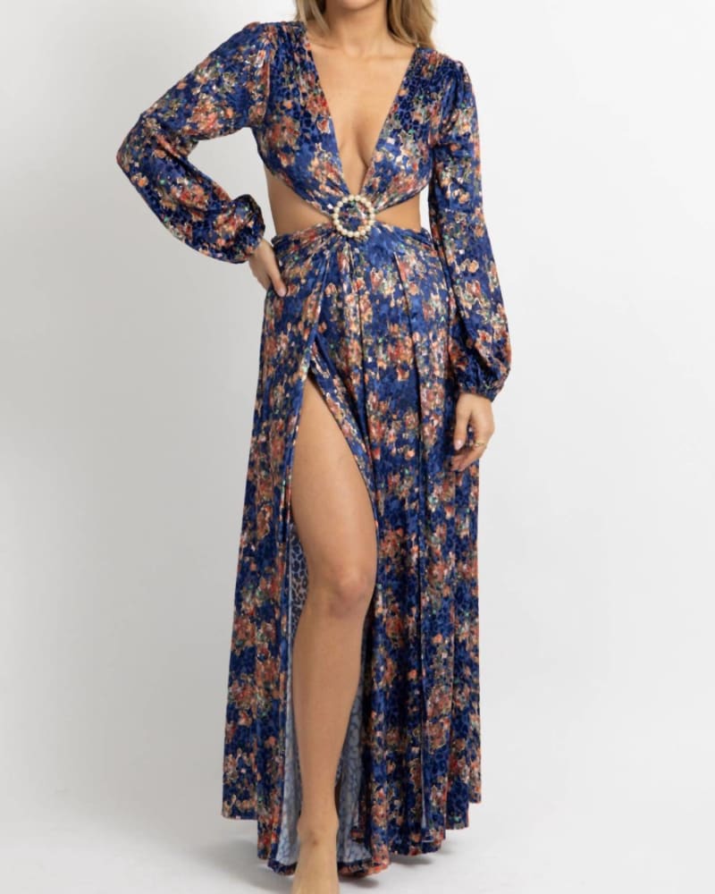 Front of a model wearing a size L Floral Velvet Slit Maxi Dress In Royal Blue in Royal Blue by LUXXEL. | dia_product_style_image_id:353803